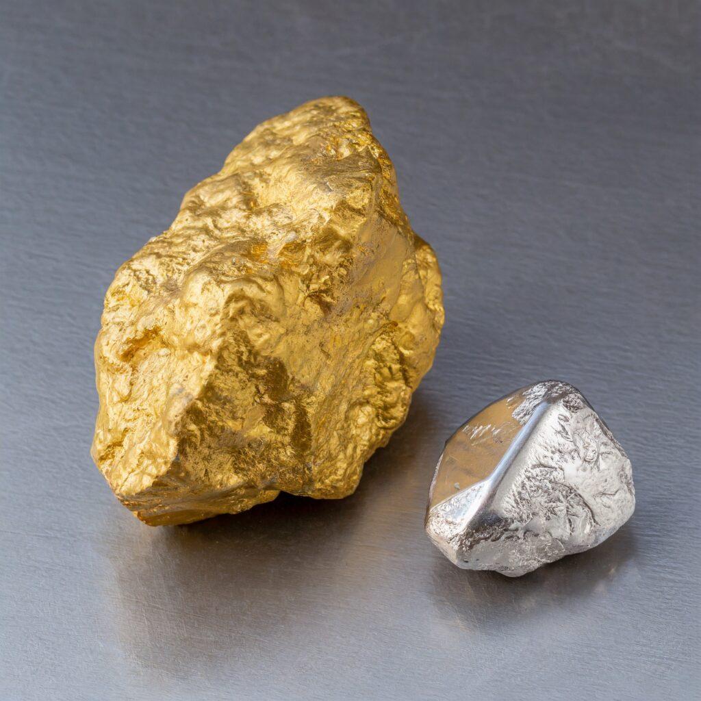Firefly A nugget of gold next to a piece of platinum on a gray table. 88735